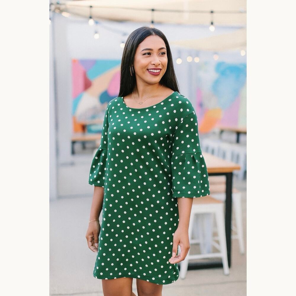 Agnes & Dora White & Green Polka Dot Bell Sleeve Shift Dress Retro Colorful